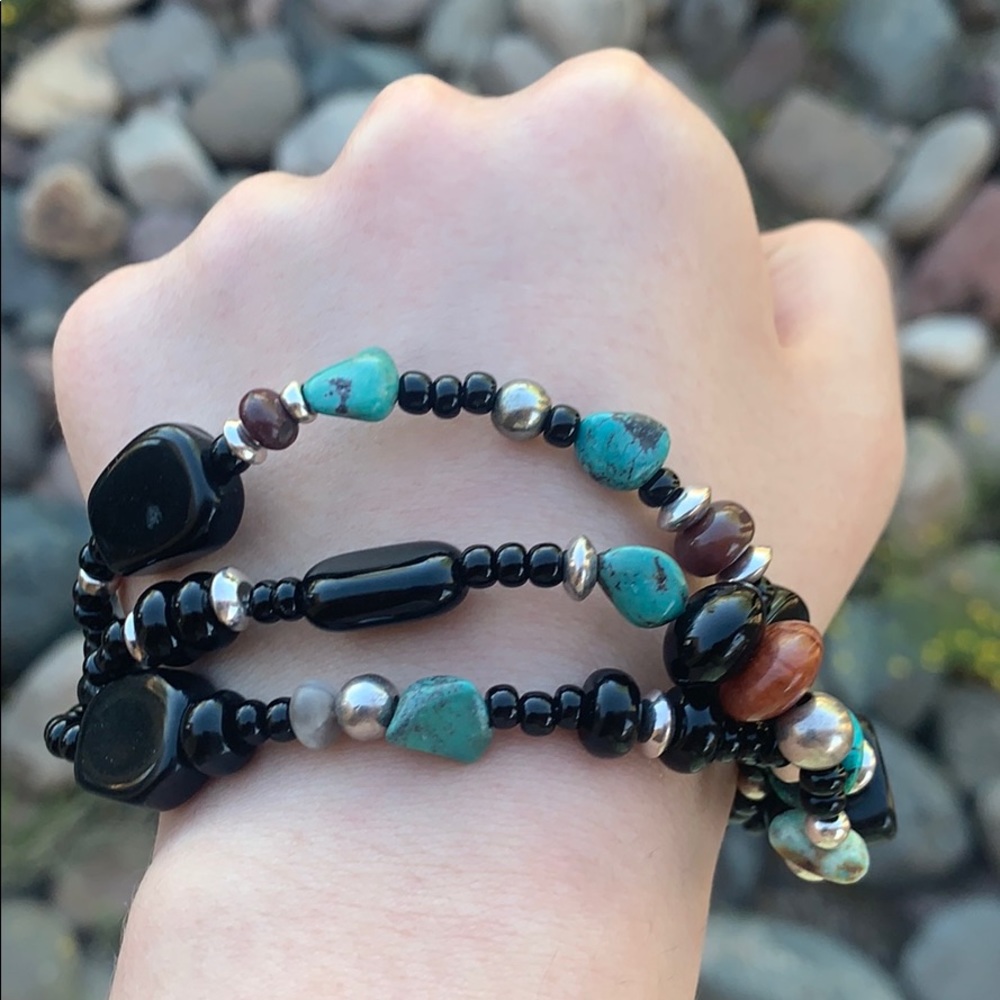 Sterling Silver Obsidian & Turquoise Set - Picture 2 of 8